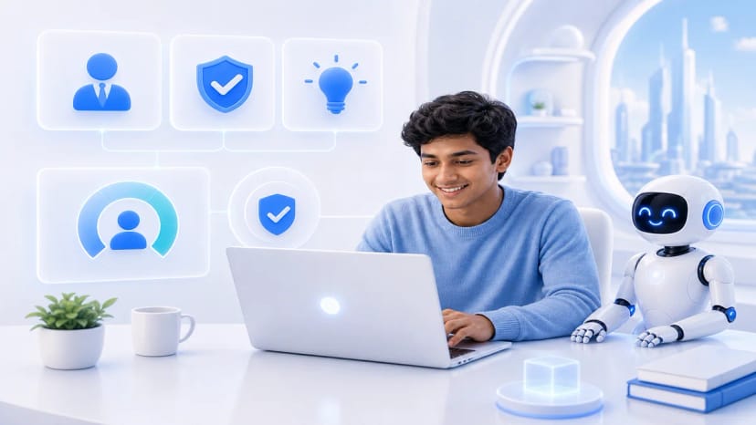 Learner at a laptop with AI teammate and abstract role icons representing manager, QA, and mentor in a simulated professional environment