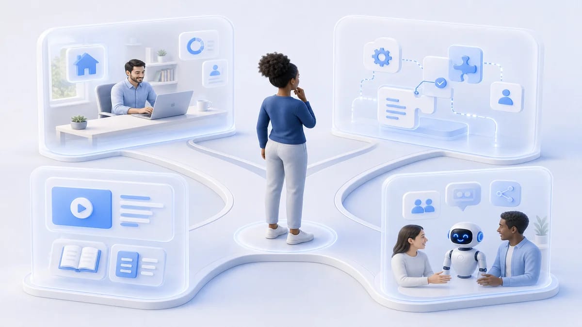 Learner choosing among four visual paths representing remote workplace, task simulation, online learning, and simulated team environment